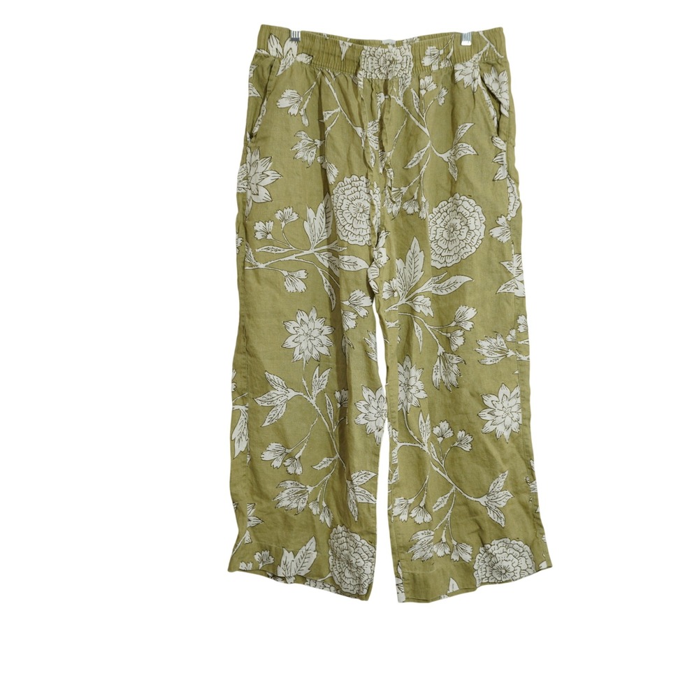 Joie Women's Size XL Green Floral 100% Linen Wide Leg Crop Drawstring Pants